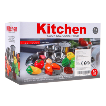 Mega zestaw kuchenny dla dzieci 3+ Metalowe garnki + Przybory kuchenne + Jedzenie 30 el.